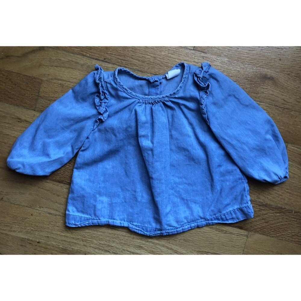 Baby Gap 6-12M Long Sleeve Light Denim Jean Ruffle Blouse Top